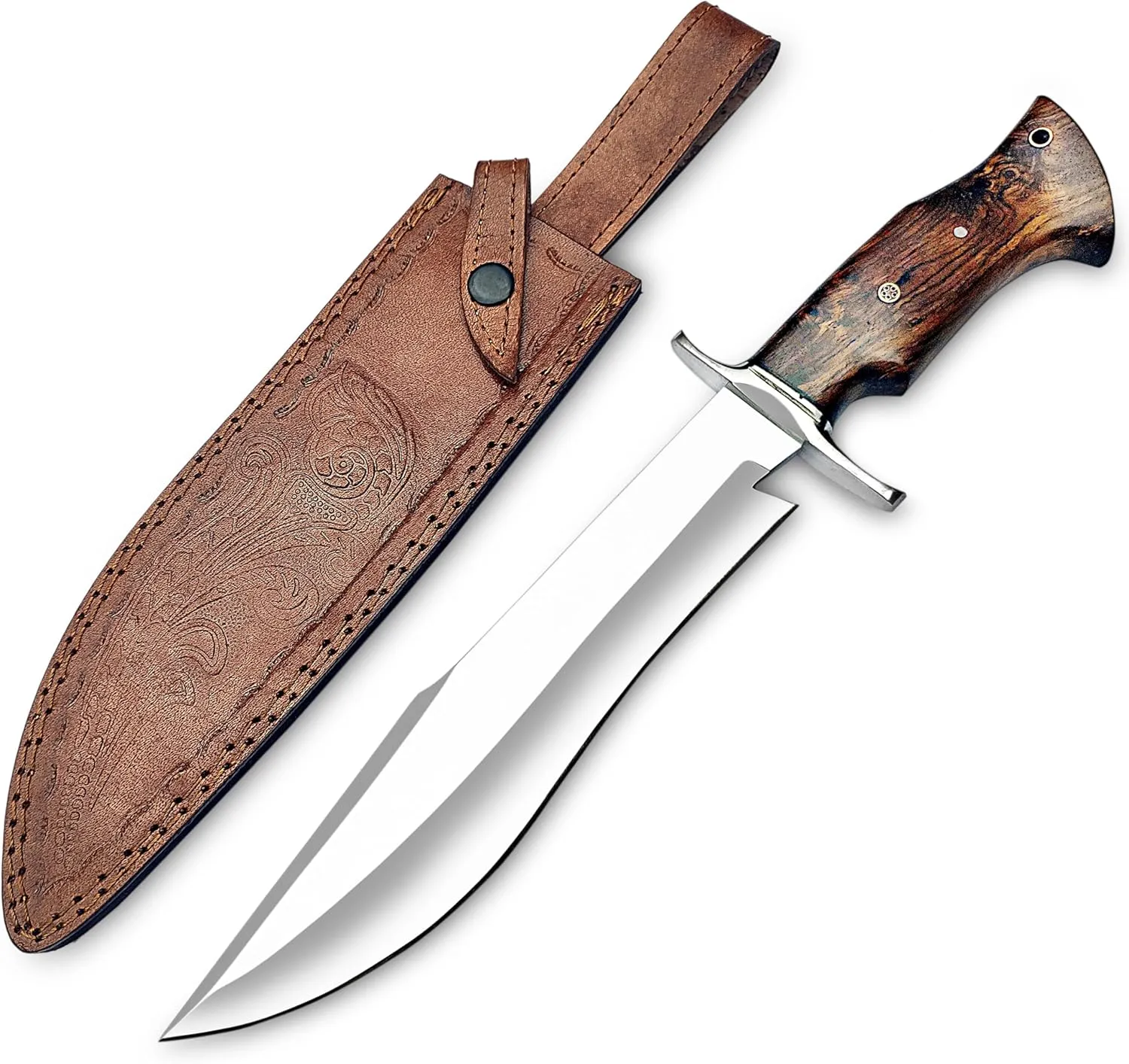 Handmade D2 Steel 14 Inches Bowie Knife with leather sheath, Hunting knife with Wood Handle and steel Guard Ideal for Bushcraft, Camping, Survival, Hunting & outdoor use