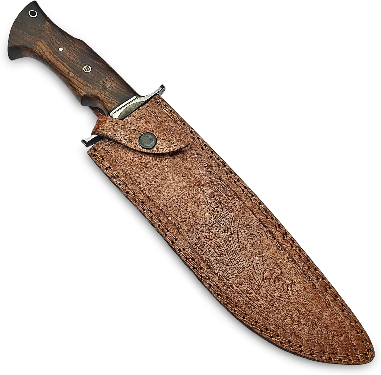 Handmade D2 Steel 14 Inches Bowie Knife with leather sheath, Hunting knife with Wood Handle and steel Guard Ideal for Bushcraft, Camping, Survival, Hunting & outdoor use