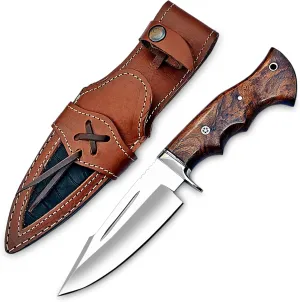 Handmade D2 Steel Hunting Knife with Leather Sheath – EDC Fixed Blade Bushcraft Tool with Wood Handle – 10” Skinning Blade for Hunting, Skinning, Camping, and Outdoor Use
