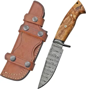 Handmade Damascus Hunting Knife with Scout Horizontal Carry Leather Sheath Fixed Blade Full Tang for Camping, Hiking, Skinning,Survival (Deer Hunter) (OLIVE WOOD)