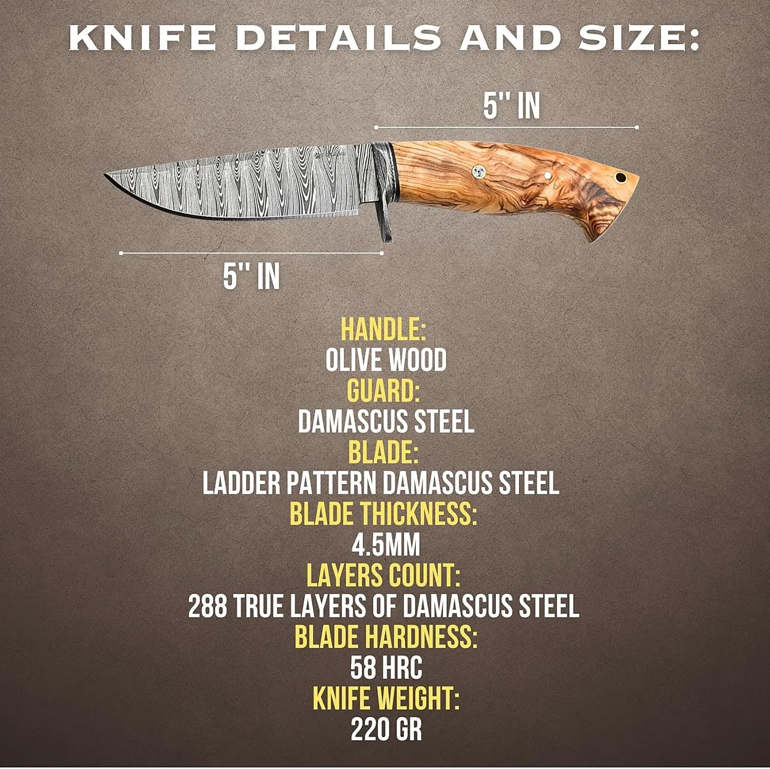 Handmade Damascus Hunting Knife with Scout Horizontal Carry Leather Sheath Fixed Blade Full Tang for Camping, Hiking, Skinning,Survival (Deer Hunter) (OLIVE WOOD)