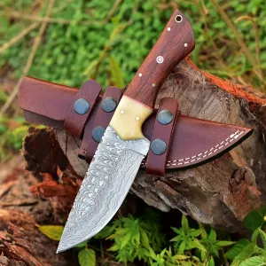 Handmade Damascus Steel Knife Hunting Fixed Blade Knife For Camping, Survival and Outdoor Activities, Overall Length 9.5 inches Rosewood Handle, With Leather Sheath, 291-W