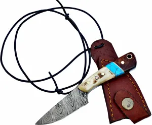 Handmade Full Tang Neck knife with Sheath, 5.75 inches Fixed Blade Pocket Knife, Damascus EDC Utility Knife, Small Knife Necklace, Ram Horn, turquoise and Wood Handle