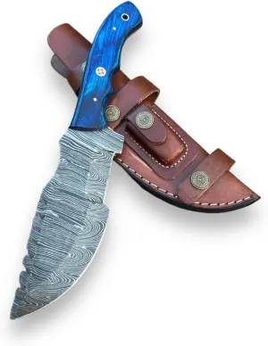 Handmade Hunting Damascus steel Hunting Knife with Genuine Leather Sheath | 10'’ EDC Knife for Men | Fixed Blade Outdoor Knife with Blue Pakka Wood Handle | Damascus Razor Sharp Blade 5212-Blue