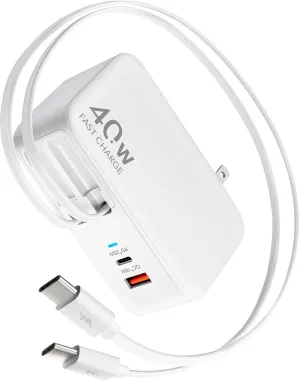 Hatalkin 4-in-1 Retractable Wall Charger Plug with Dual USB Ports and Dual 35.5in/90cm Type-C Cables,40W Fast Charging Foldable Block for iPhone 16/15/14/13/12/11,iPad,Galaxy,Pixel