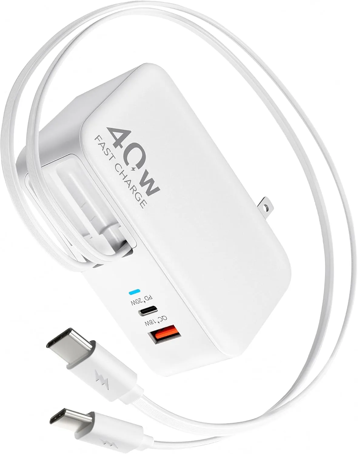 Hatalkin 4-in-1 Retractable Wall Charger Plug with Dual USB Ports and Dual 35.5in/90cm Type-C Cables,40W Fast Charging Foldable Block for iPhone 16/15/14/13/12/11,iPad,Galaxy,Pixel