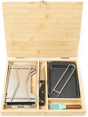 HAWOK 7 Piece Bamboo Camping Box Set, 12.8"L x 10.6"W x1.8"H, Portable Folding Campfire Stove with Cast Iron Plate