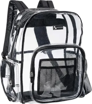 Heavy Duty Clear Backpack with Mesh Organizer, Clear Bookbag (Large, Black)