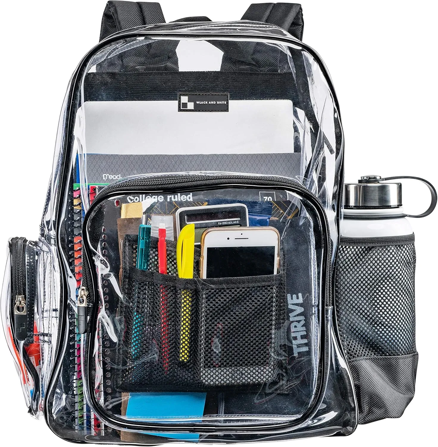 Heavy Duty Clear Backpack with Mesh Organizer, Clear Bookbag (Large, Black)