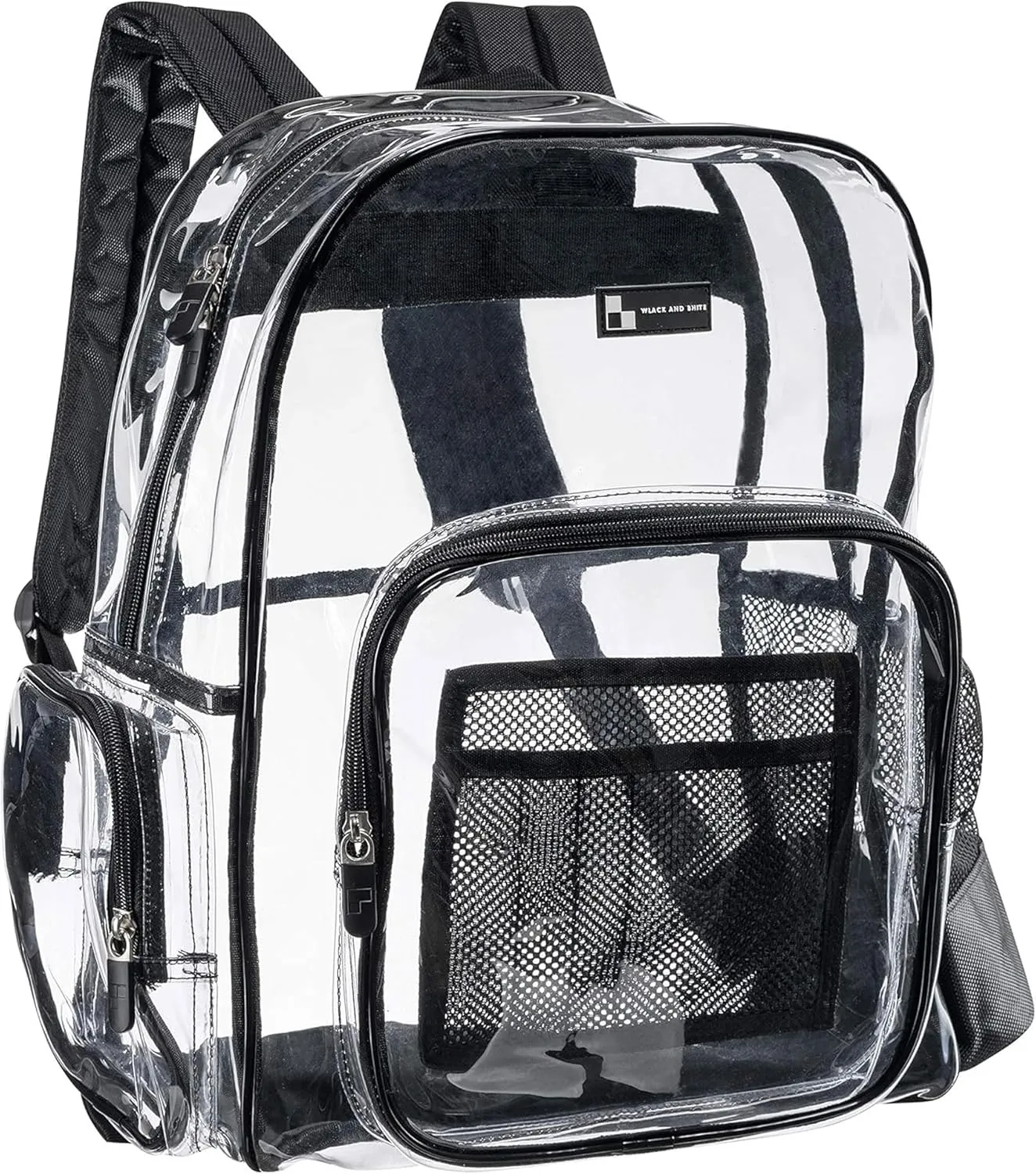 Heavy Duty Clear Backpack with Mesh Organizer, Clear Bookbag (Large, Black)