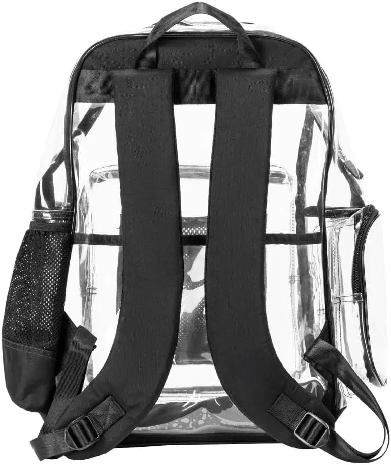 Heavy Duty Clear Backpack with Mesh Organizer, Clear Bookbag (Large, Black)