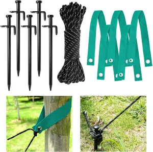 Heavy Duty Steel Tree Stake Kit with Tree Straps and 50ft Reflective Rope Tree Support Anchoring Kit - Tree Support for Leaning Trees
