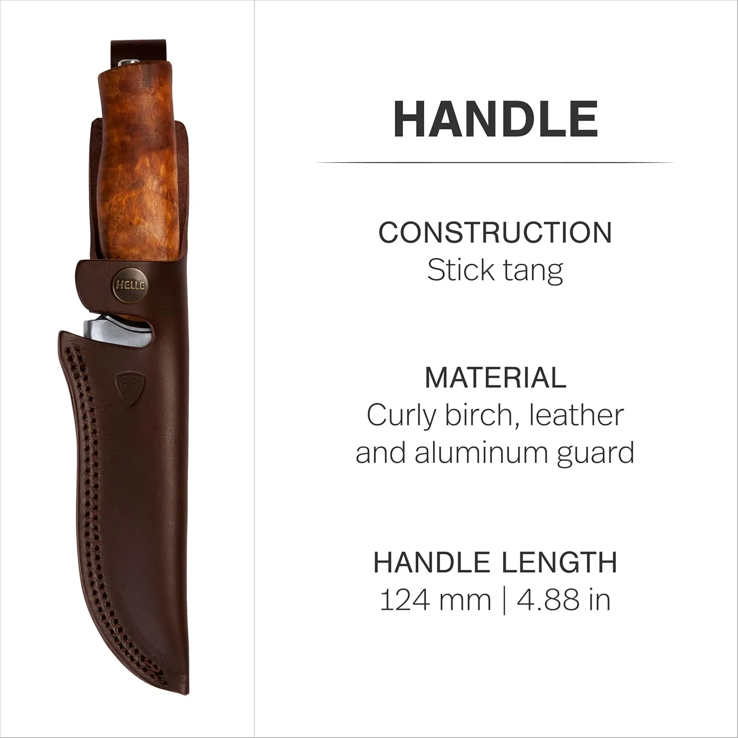 HELLE Knives - GT -Triple Laminated Stainless Steel, Outdoor Camping Knife, Stick Tang Fixed Blade with Sheath, Curly Birch Handle, Made in Norway