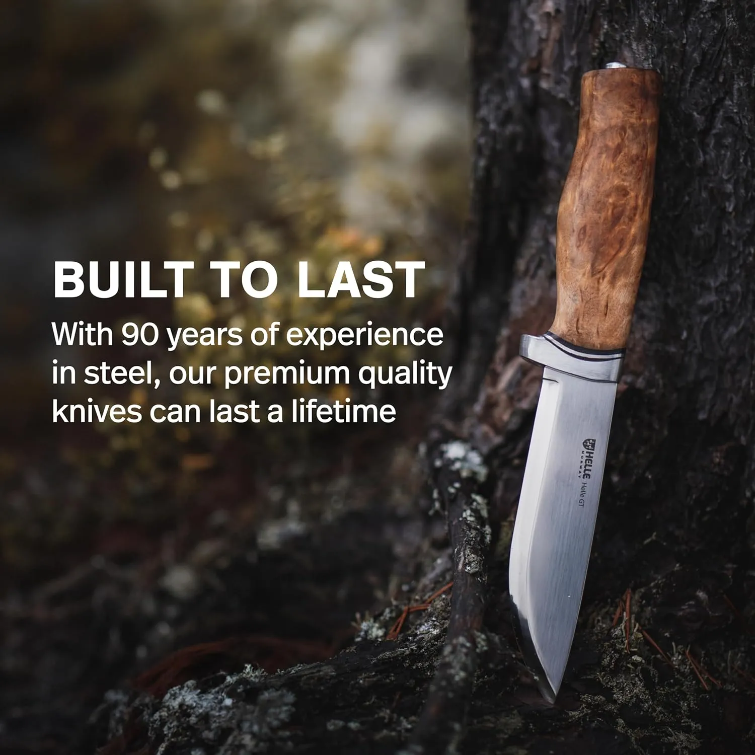 HELLE Knives - GT -Triple Laminated Stainless Steel, Outdoor Camping Knife, Stick Tang Fixed Blade with Sheath, Curly Birch Handle, Made in Norway