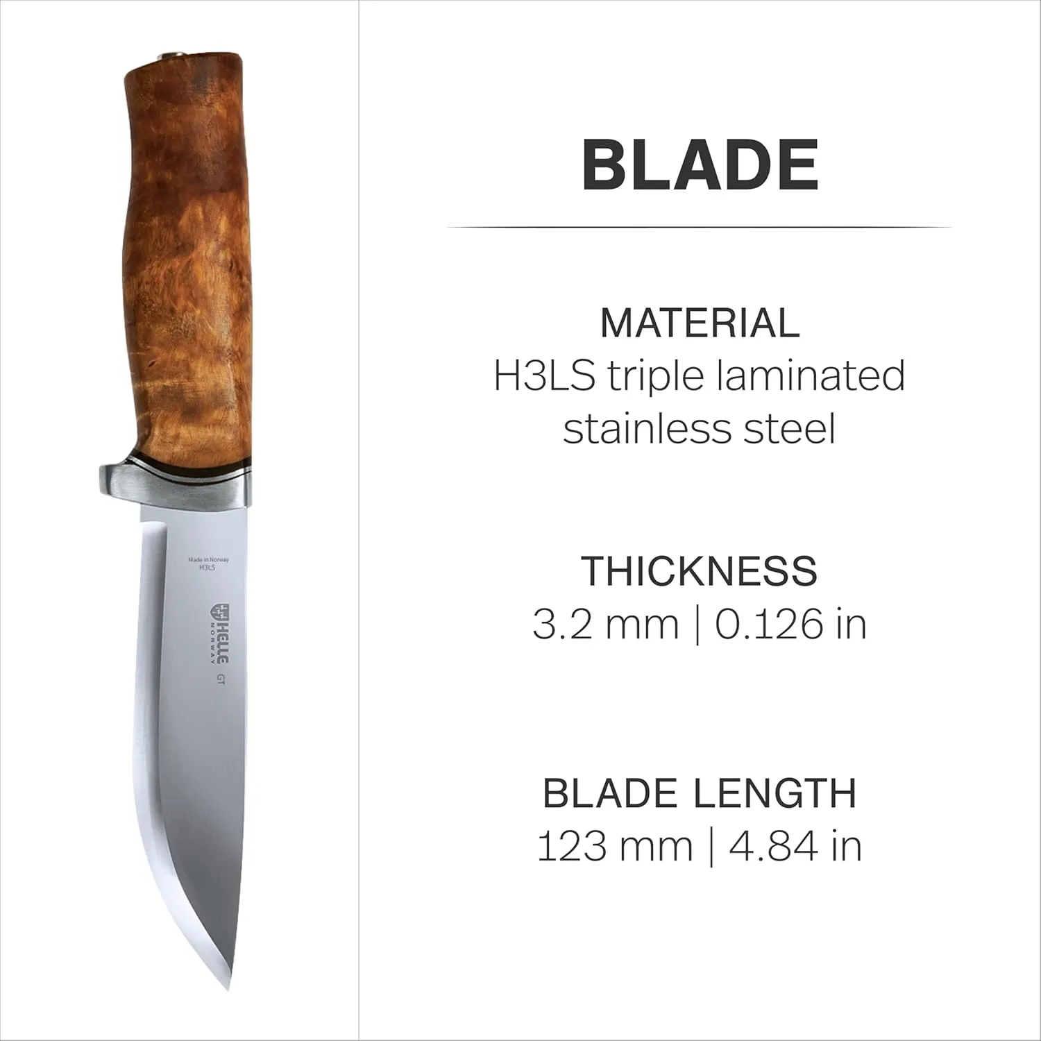 HELLE Knives - GT -Triple Laminated Stainless Steel, Outdoor Camping Knife, Stick Tang Fixed Blade with Sheath, Curly Birch Handle, Made in Norway