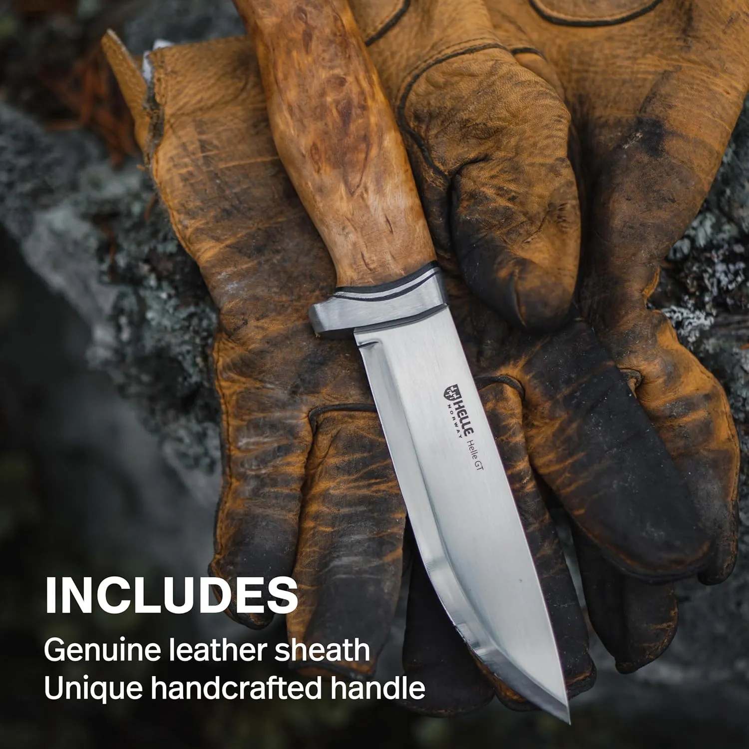 HELLE Knives - GT -Triple Laminated Stainless Steel, Outdoor Camping Knife, Stick Tang Fixed Blade with Sheath, Curly Birch Handle, Made in Norway