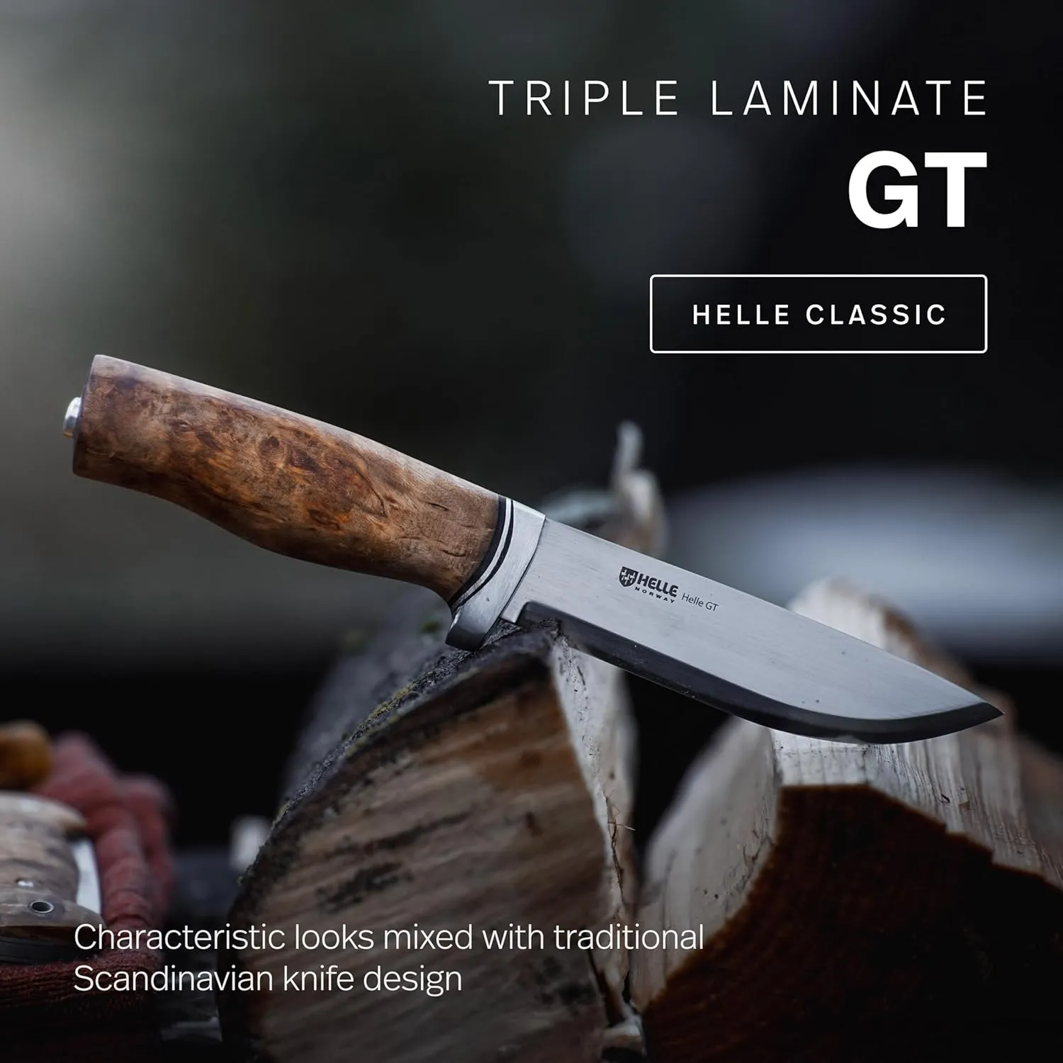 HELLE Knives - GT -Triple Laminated Stainless Steel, Outdoor Camping Knife, Stick Tang Fixed Blade with Sheath, Curly Birch Handle, Made in Norway