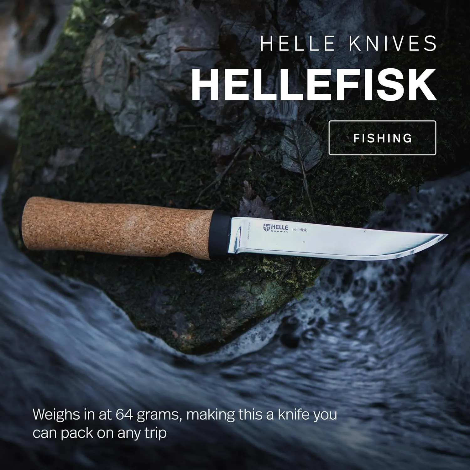 HELLE Knives - Hellefisk - Outdoor Multi Use Knife, Stainless Steel, Cork Handle, Fixed Blade With Sheath, Handcrafted Fishing Knife