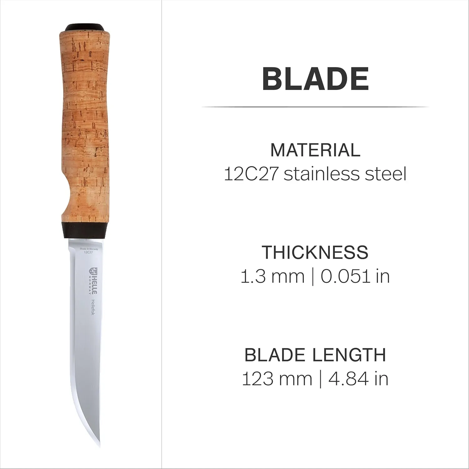 HELLE Knives - Hellefisk - Outdoor Multi Use Knife, Stainless Steel, Cork Handle, Fixed Blade With Sheath, Handcrafted Fishing Knife