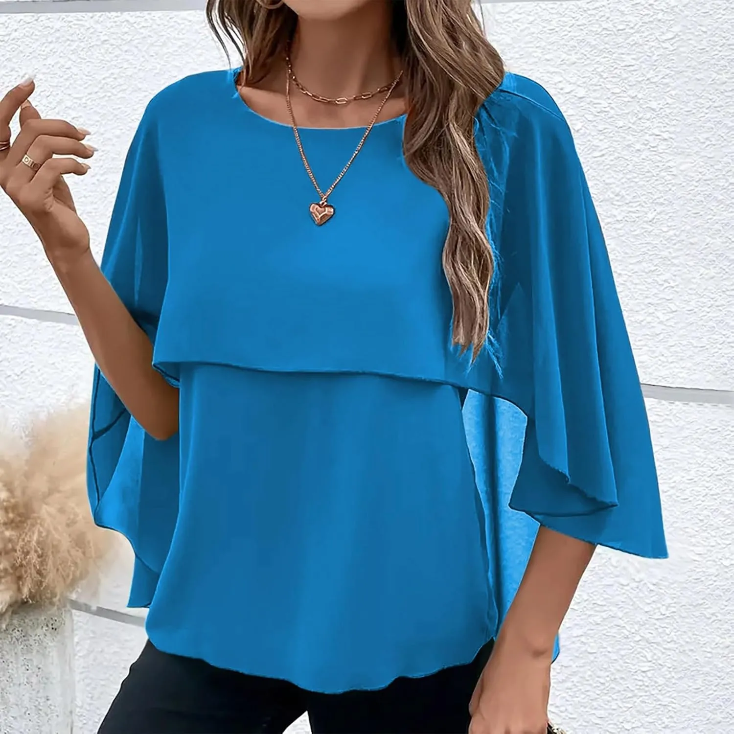 HGps8w Cape Shawls Top for Women Summer Lightweight Flowy Shirts Double-Layered Dressy Chiffon Poncho Blouse