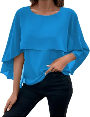HGps8w Cape Shawls Top for Women Summer Lightweight Flowy Shirts Double-Layered Dressy Chiffon Poncho Blouse