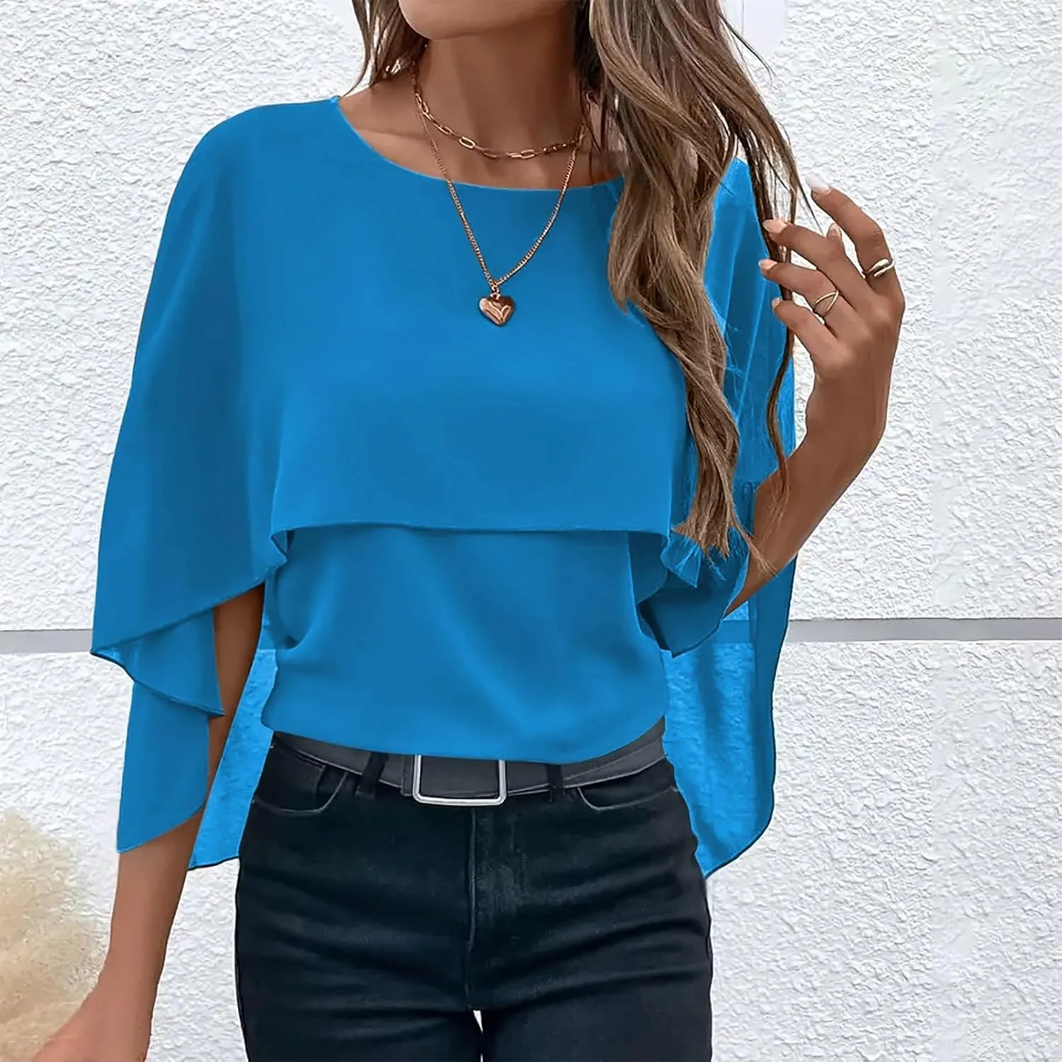HGps8w Cape Shawls Top for Women Summer Lightweight Flowy Shirts Double-Layered Dressy Chiffon Poncho Blouse