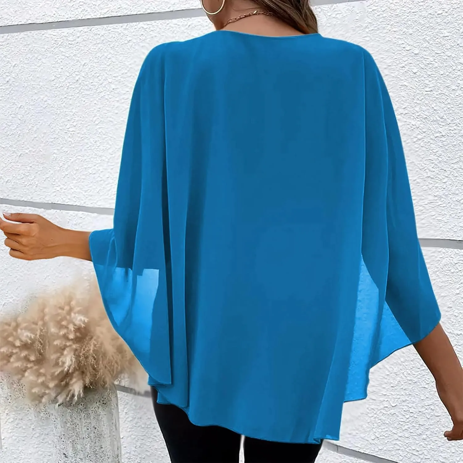 HGps8w Cape Shawls Top for Women Summer Lightweight Flowy Shirts Double-Layered Dressy Chiffon Poncho Blouse