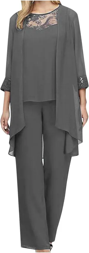 HGps8w Women 3 Pieces Mother of The Groom Pant Suits Elegant Chiffon Wedding Guest Formal Mother of The Bride Outfit Sets