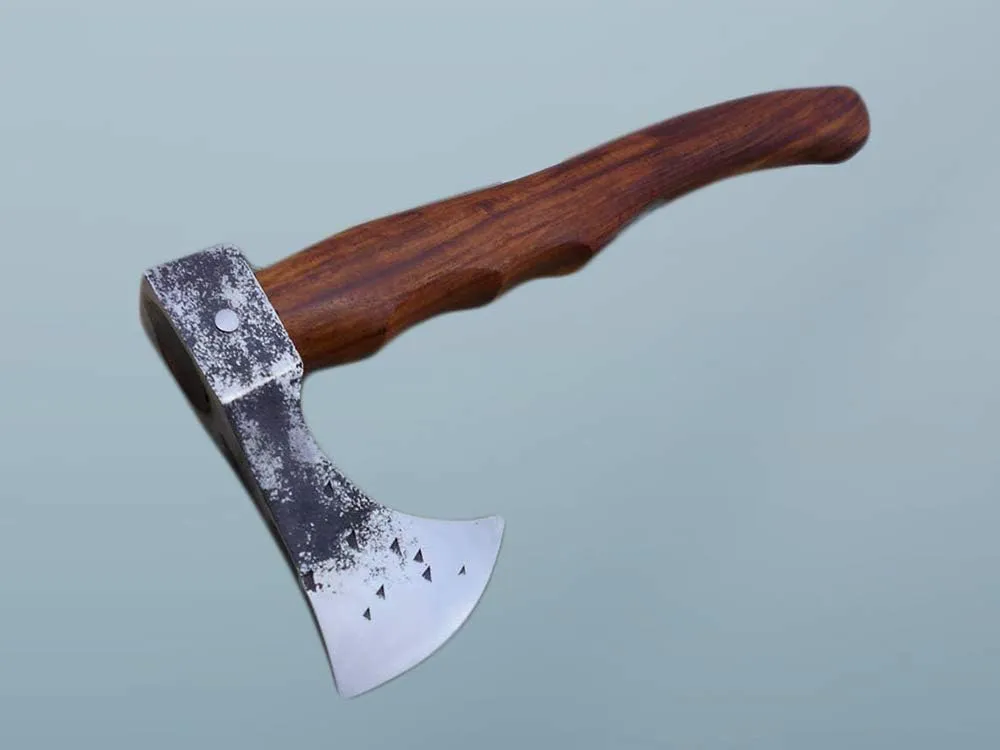 High carbon steel tomahawk Axe Bearded hiking battle axe 15 Inches long with Rose wood round handle, thick cow hide leather sheath