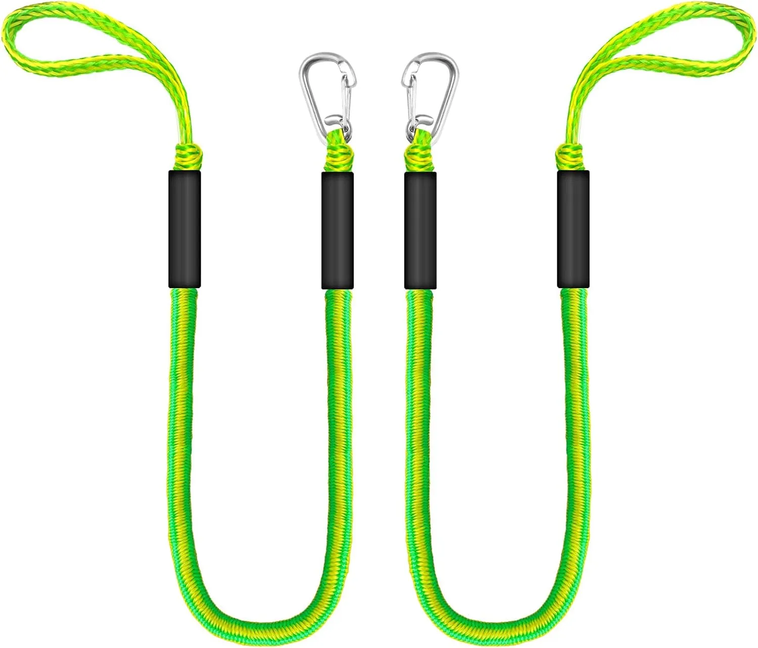 High-Visibility Yellow-Green Bungee Dock Line - 6ft Heavy Duty Elastic Mooring Rope (Stretches to 9ft) - Single Hook Design 2 Pack