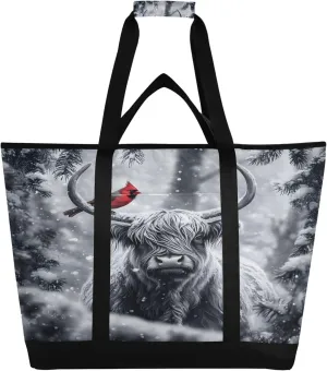 Highland Cow Reusable Insulated Cooler Bag with Ice Pack Compartment - Large 47L Waterproof Thermal Grocery Tote for Picnic Beach Camping Lunch Storage