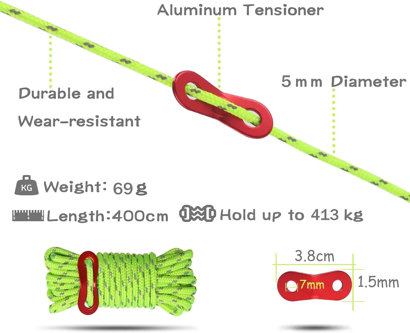 Hikeman Heavy Duty Camping Rope - 6 Pack 5mm Outdoor Reflective Guy Lines with Tensioner Adjuster Strong Nylon Cord for Large Tent Big Tarp Canopy Tie Downs (Black)