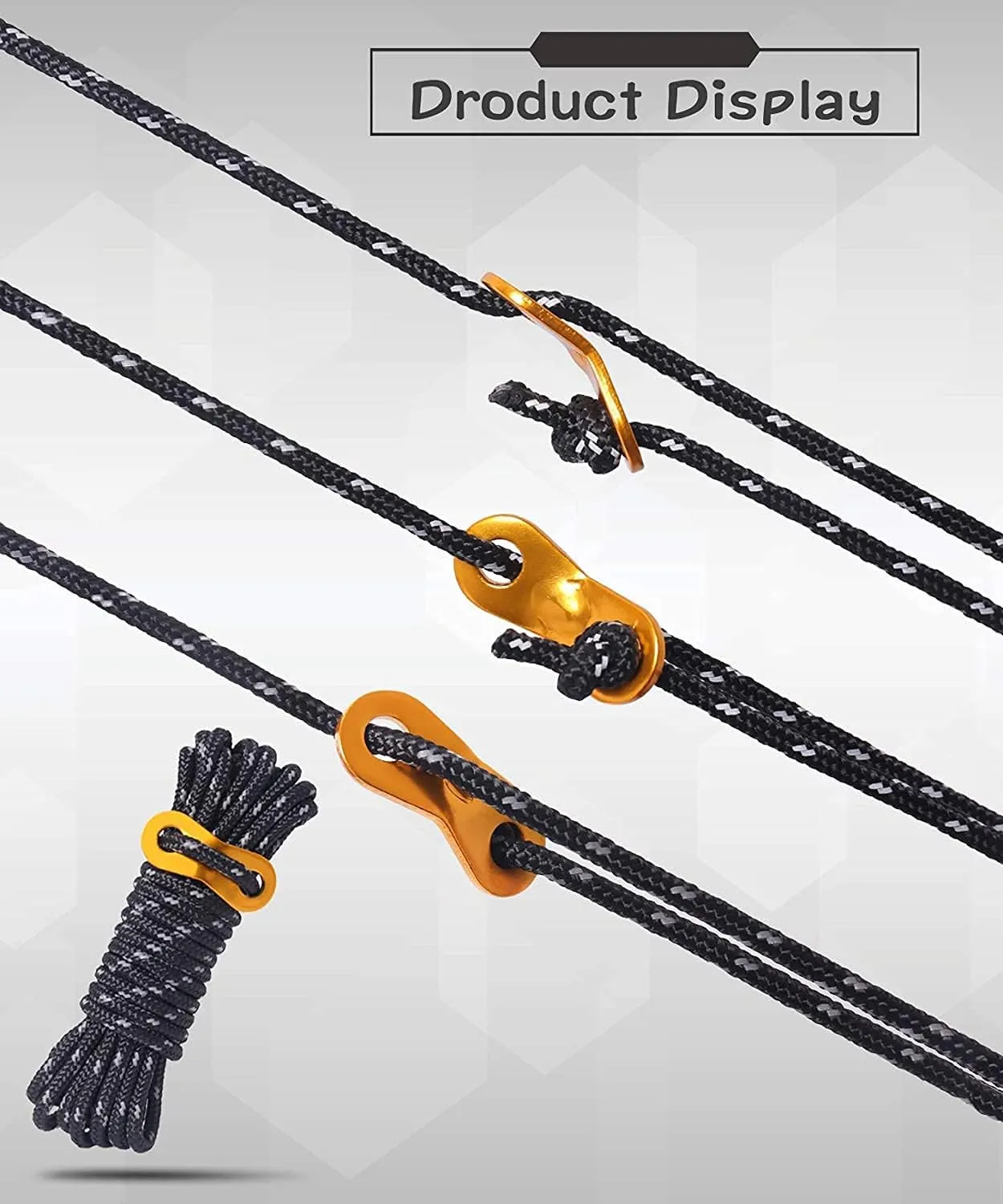 Hikeman Heavy Duty Camping Rope - 6 Pack 5mm Outdoor Reflective Guy Lines with Tensioner Adjuster Strong Nylon Cord for Large Tent Big Tarp Canopy Tie Downs (Black)