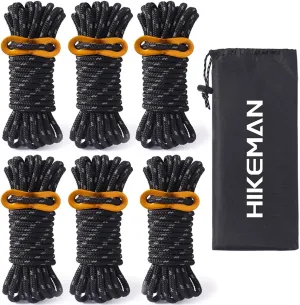 Hikeman Heavy Duty Camping Rope - 6 Pack 5mm Outdoor Reflective Guy Lines with Tensioner Adjuster Strong Nylon Cord for Large Tent Big Tarp Canopy Tie Downs (Black)