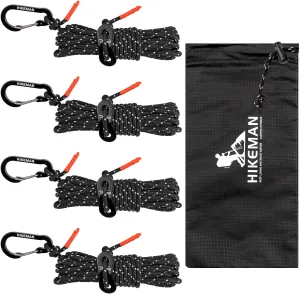 HIKEMAN Reflective Tent Rope Guyline - 4M Camping Guide Ropes,3mm Tent Guy Ropes Cord with Aluminum Tensioners Adjuster for Outdoor Camping Hiking Caravan Awning Tents (Black, 3mm)