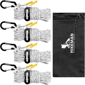 HIKEMAN Reflective Tent Rope Guyline - 4M Camping Guide Ropes,4mm Tent Guy Ropes Cord with Aluminum Tensioners Adjuster for Outdoor Camping Hiking Caravan Awning Tents (White, 4mm)