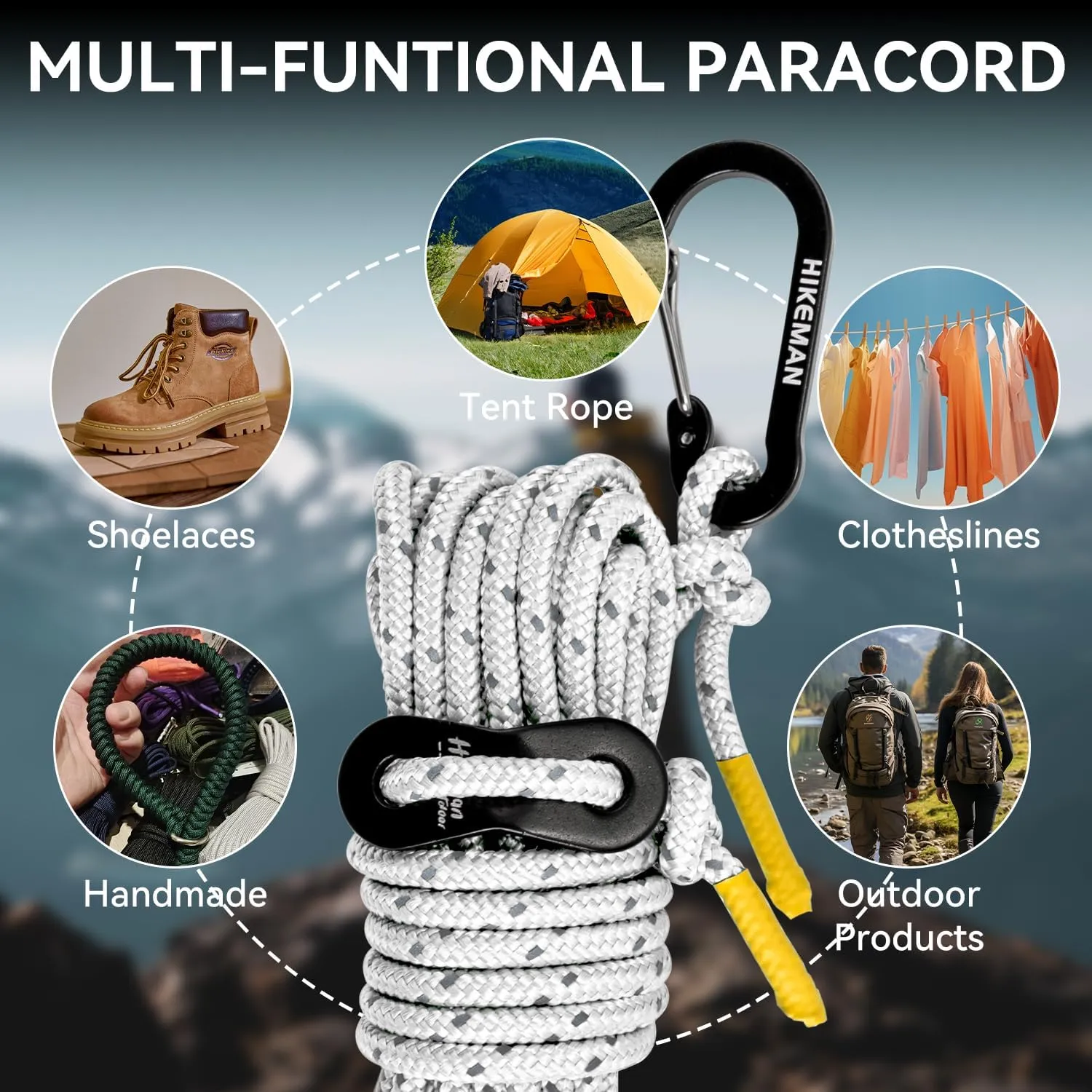HIKEMAN Reflective Tent Rope Guyline - 4M Camping Guide Ropes,4mm Tent Guy Ropes Cord with Aluminum Tensioners Adjuster for Outdoor Camping Hiking Caravan Awning Tents (White, 4mm)
