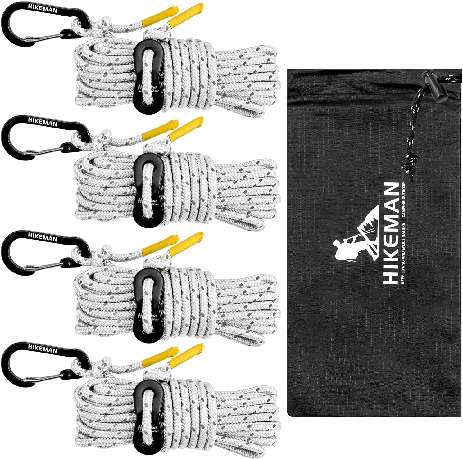 HIKEMAN Reflective Tent Rope Guyline - 4M Camping Guide Ropes,4mm Tent Guy Ropes Cord with Aluminum Tensioners Adjuster for Outdoor Camping Hiking Caravan Awning Tents (White, 4mm)