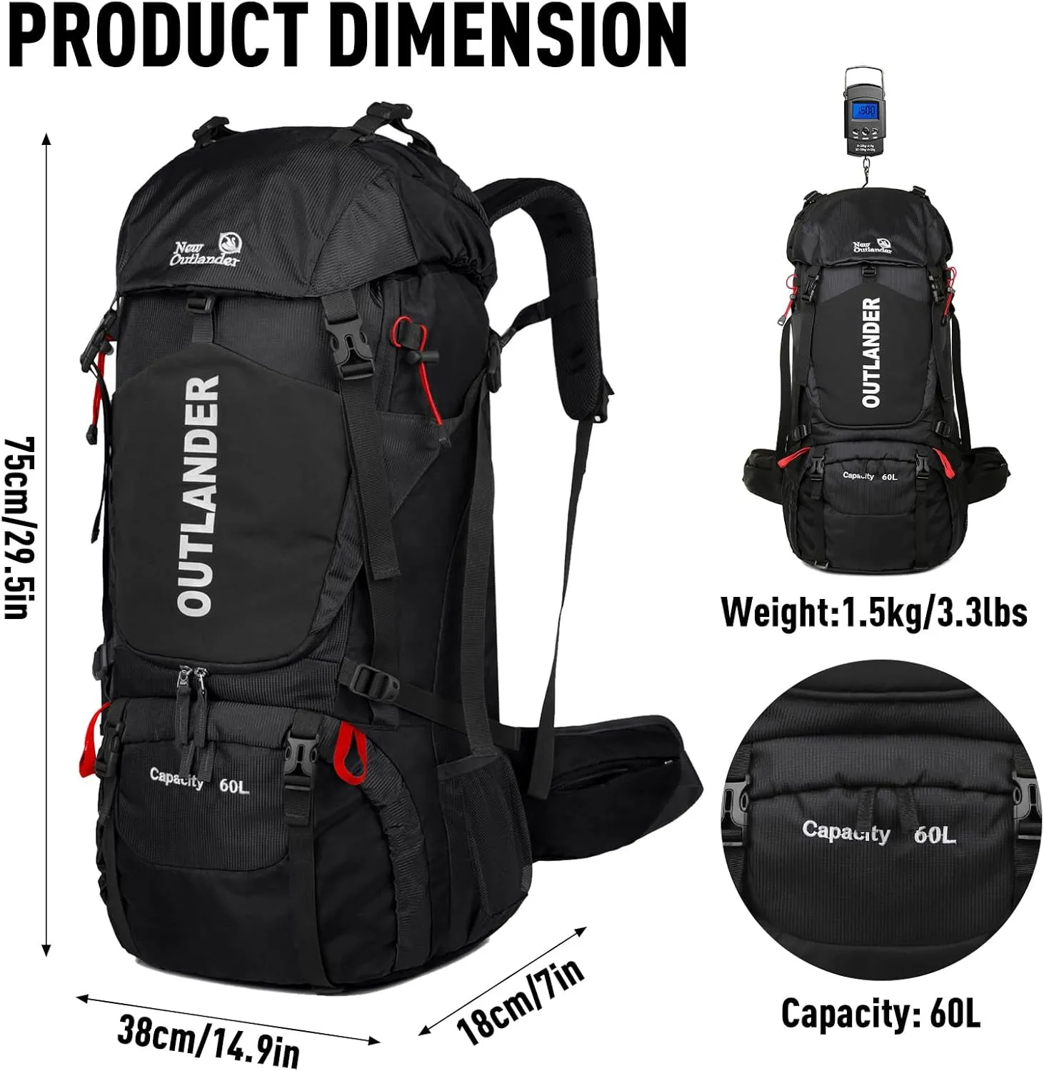 Hiking Backpack 60L Waterproof Camping Backpack Light Travel Backpack for Men/Women Backpack with Shoe Compartment Rain Cover Can Water Bag