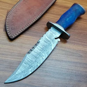 HK-327 Handmade Damascus Steel Knife for Hunting, Survival, Camping, Skinning, Bushcraft, Fixed Blade,Bone Handle, with Leather Sheath.