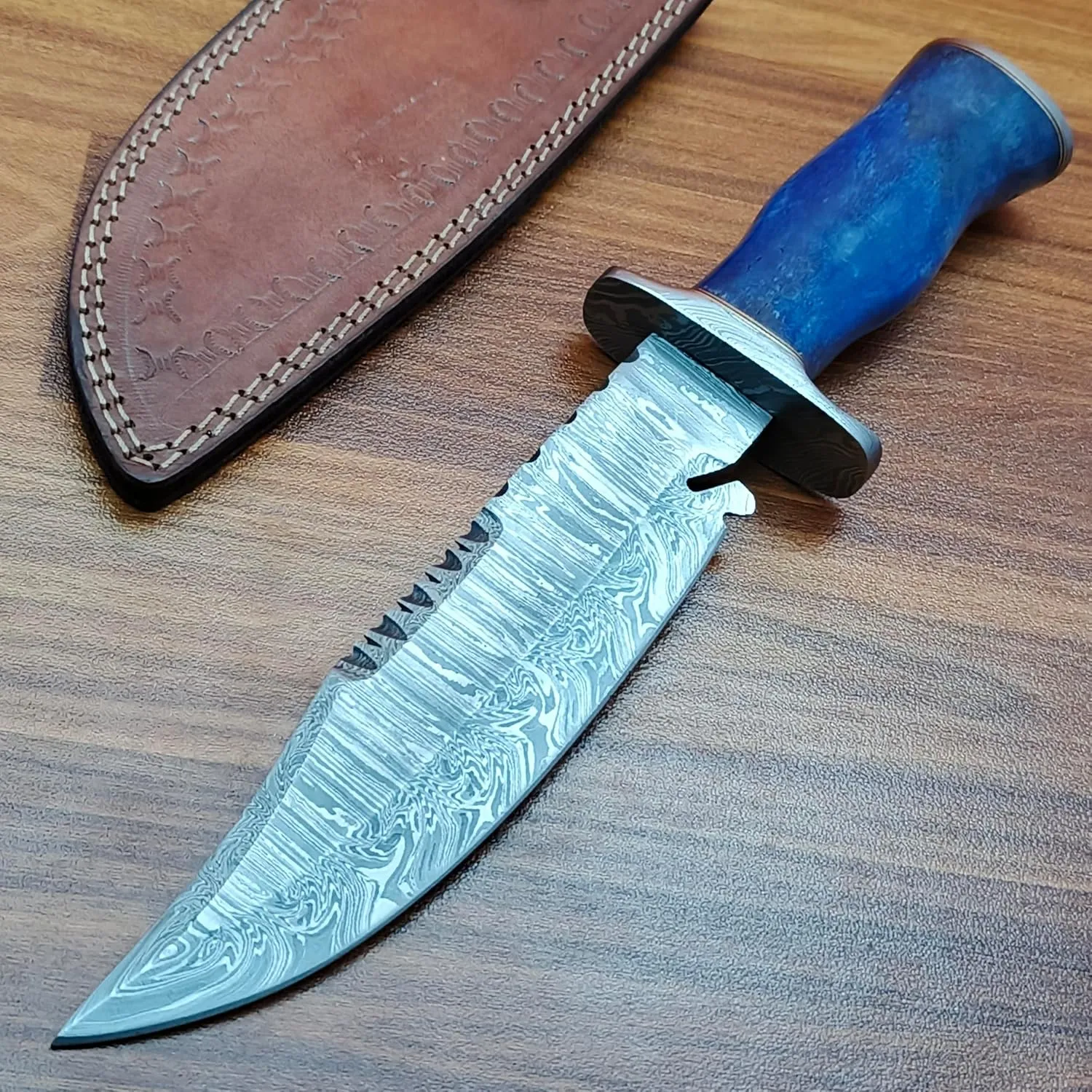 HK-327 Handmade Damascus Steel Knife for Hunting, Survival, Camping, Skinning, Bushcraft, Fixed Blade,Bone Handle, with Leather Sheath.
