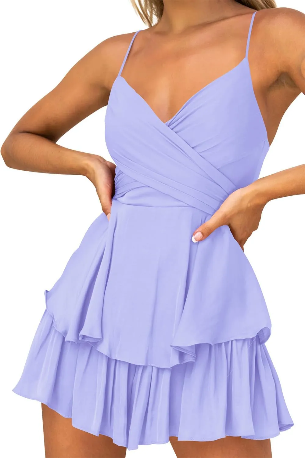 Hocuos Women's Dress Sexy V-Neck Adjustable Spaghetti Strap Waist Tie Sleeveless Layer Ruffle Hem A Line Mini Dress