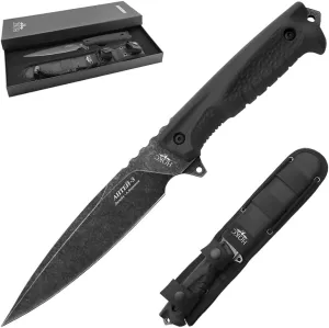HOKC Antey-3 | 605-589821 | Tactical Hunting Knife, TPR Handle, AUS8 Stainless Steel, Black Stone Wash Finish - Ideal for Camping & Hunting