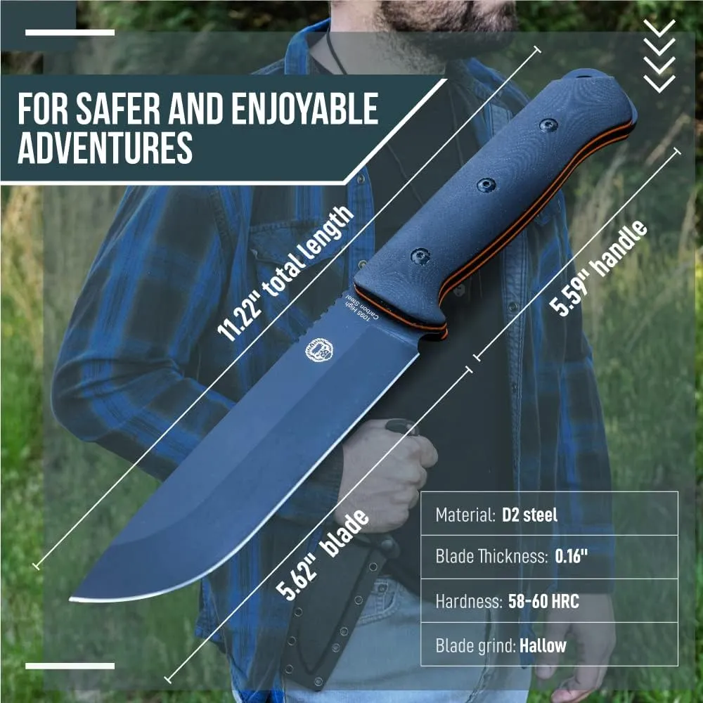 Holtzman's Gorilla Survival Bushwhacker Fixed Blade Knife with Fire Starter, G10 Scraper, and Paracord (Black) - Ideal for Camping and Survival