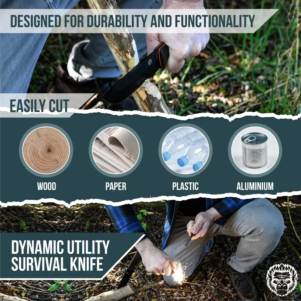 Holtzman's Gorilla Survival Bushwhacker Fixed Blade Knife with Fire Starter, G10 Scraper, and Paracord (Black) - Ideal for Camping and Survival