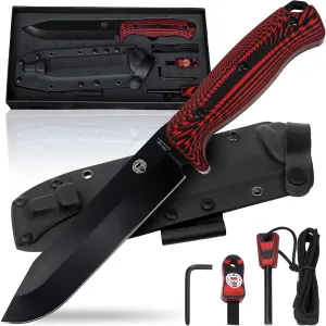 Holtzman's Gorilla Survival Mandrill Fixed Blade Hunting Knife with Sheath, Fire Starter, G10 Scraper & Paracord (Red Black) - Ideal for Outdoor Adventures