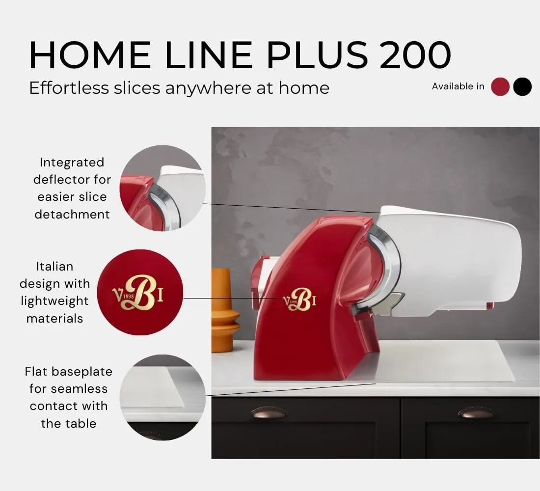 Home Line Plus 200 Food Slicer | 8-inch Chromed Steel Blade | Adjustable Thickness | Premium Electric Slicer for Prosciutto, Cold Cuts, Cheese, Bread, Veggies and more (Red)