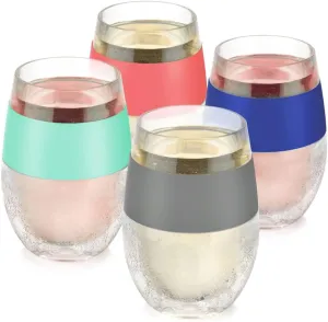 HOST Cooling Cup Set of 4 Plastic Double Wall Insulated Freezable Drink Chilling Tumbler with Freezing Gel, Wine Glasses for Red and White Wine, 8.5 oz, Assorted Colors