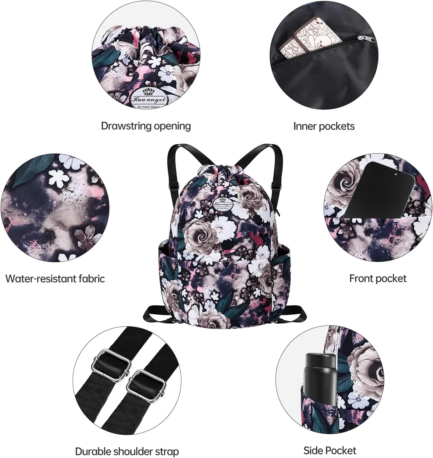 HUA ANGEL Floral Print Drawstring Bag - Lightweight Waterproof Cinch Sackpack with Side Pocket for Men & Women Travel Gym Bag