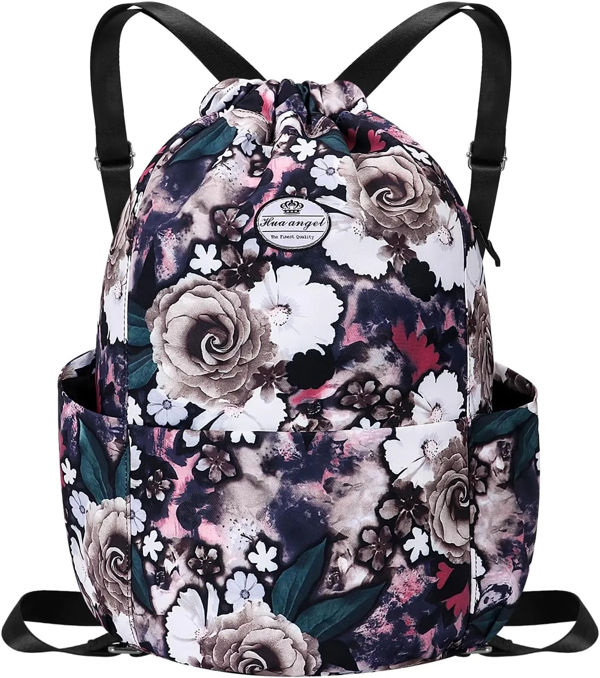 HUA ANGEL Floral Print Drawstring Bag - Lightweight Waterproof Cinch Sackpack with Side Pocket for Men & Women Travel Gym Bag
